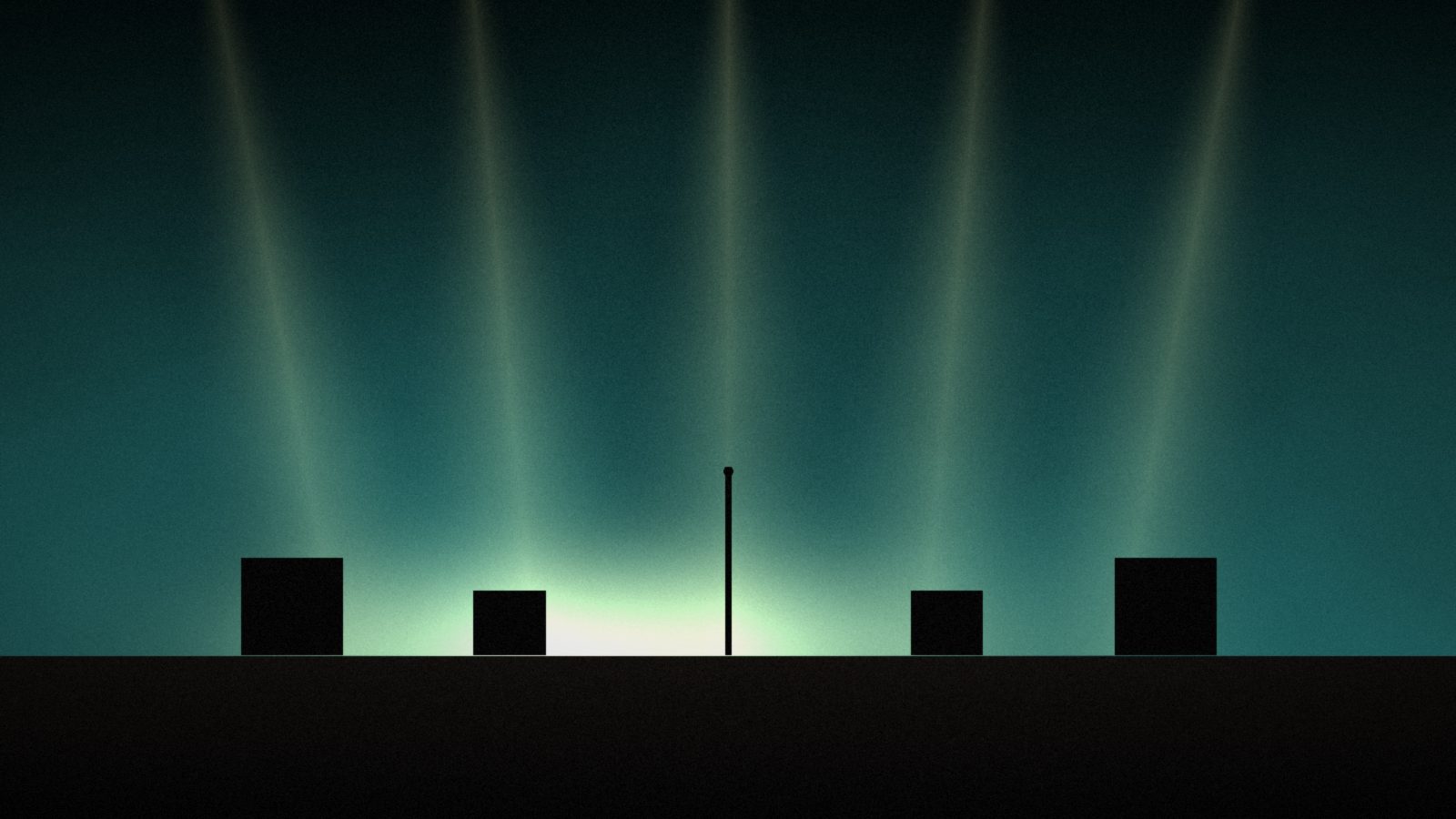 Stage lights fan out through haze over a dark stage with a single microphone stand and amps.