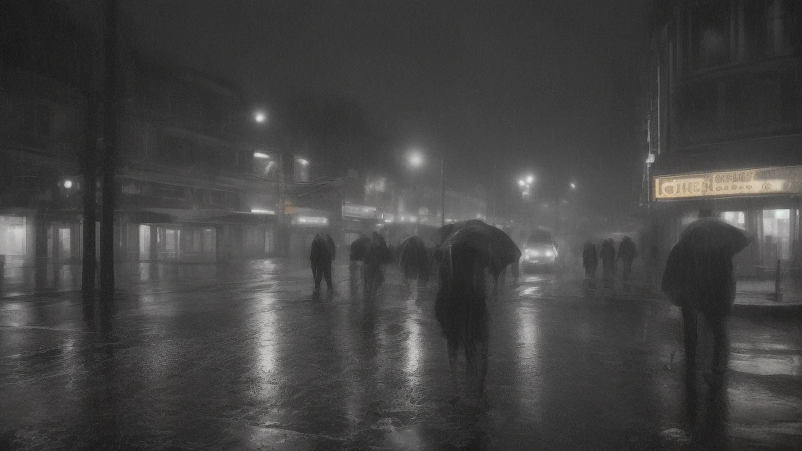 Rainy Pacific Northwest street — sea-of-faces scene still
