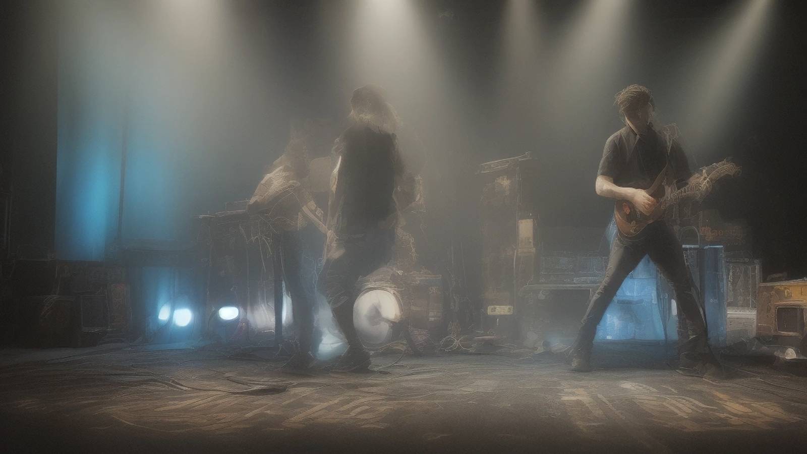 Amp stack under stage wash — mid-2000s hard-rock still
