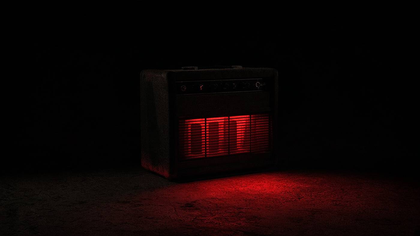 A guitar amp glowing red in a pitch-dark room.