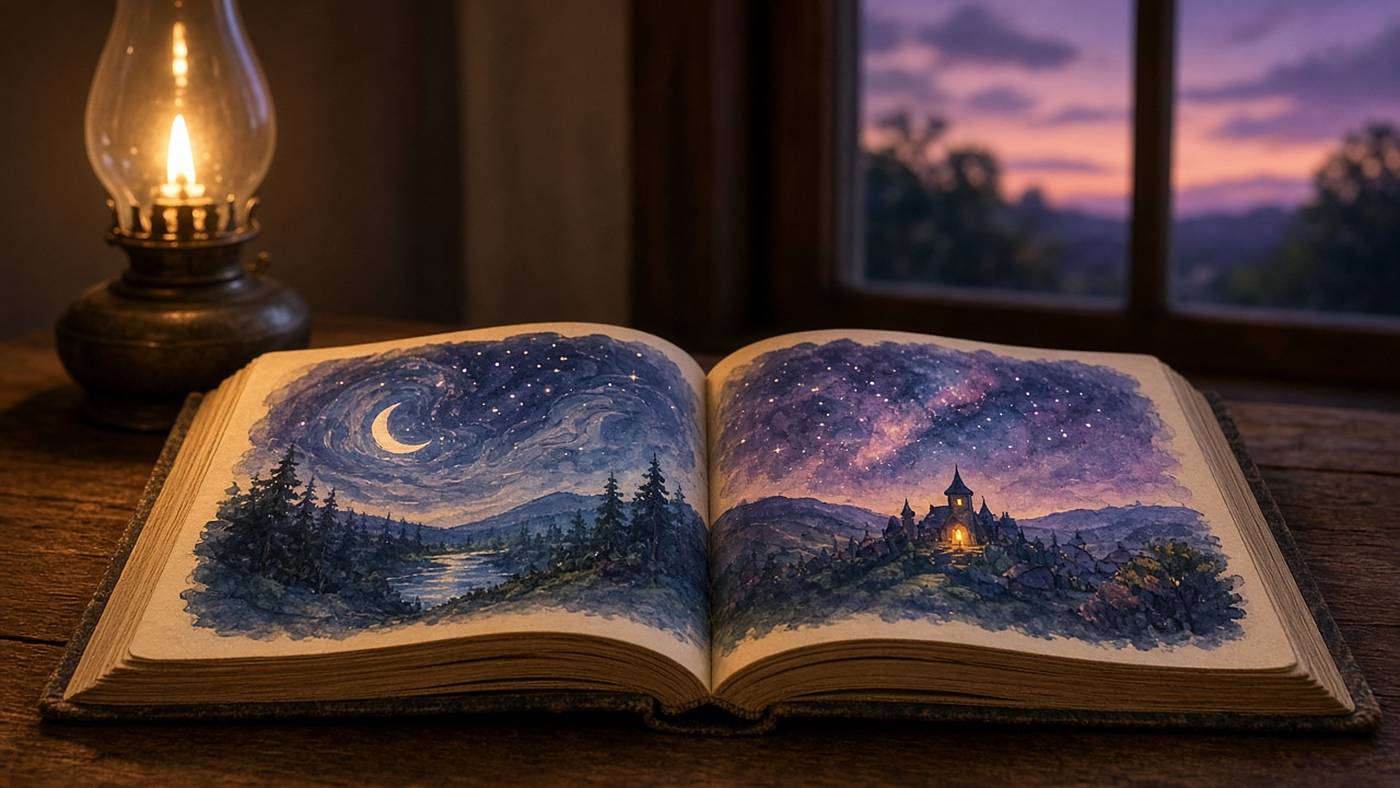 An open storybook of painted night skies on a table at dusk, lit by an oil lamp.