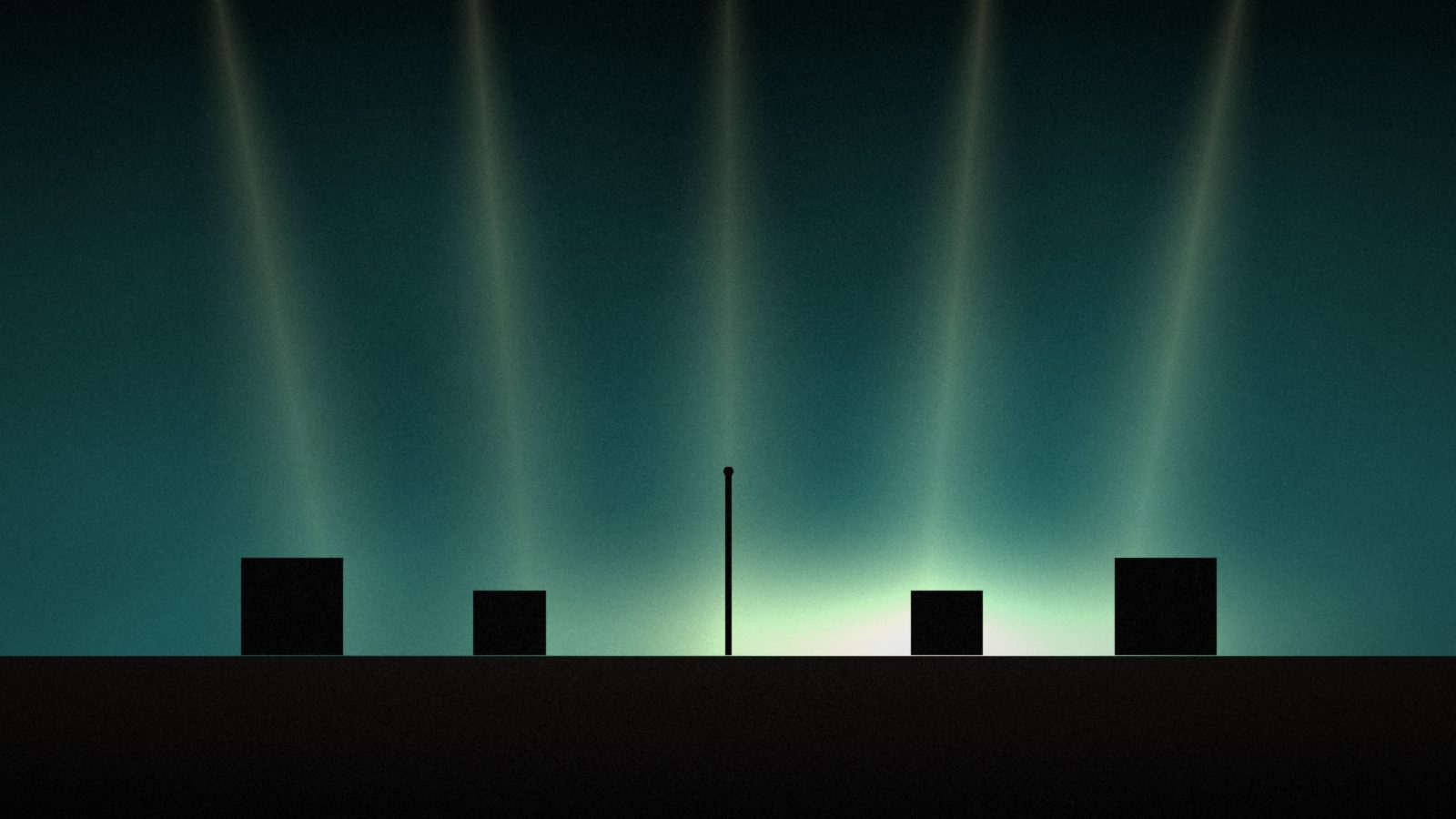 Stage beams fall through haze onto a dark stage with a single microphone stand between amps.