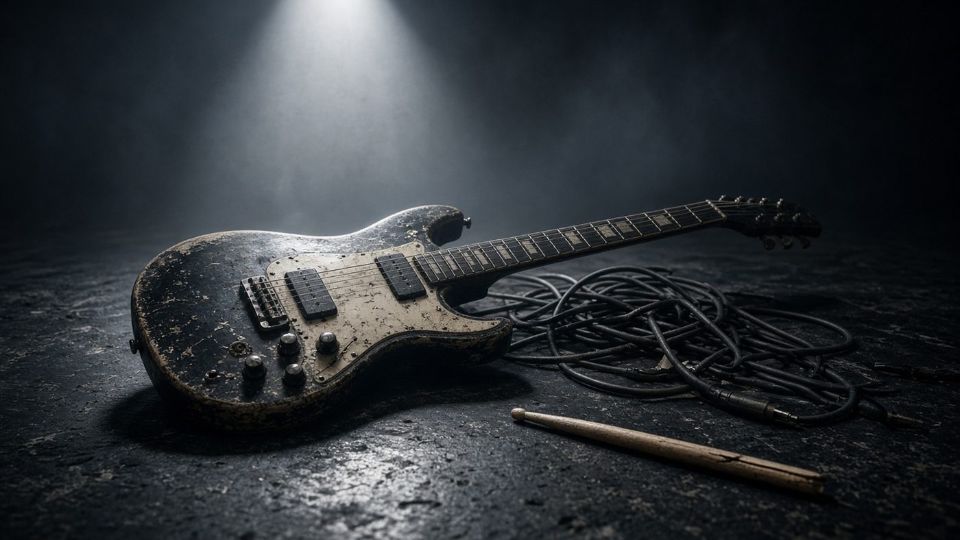 A battered electric guitar on a dark stage floor beside tangled cables and a cracked drumstick.