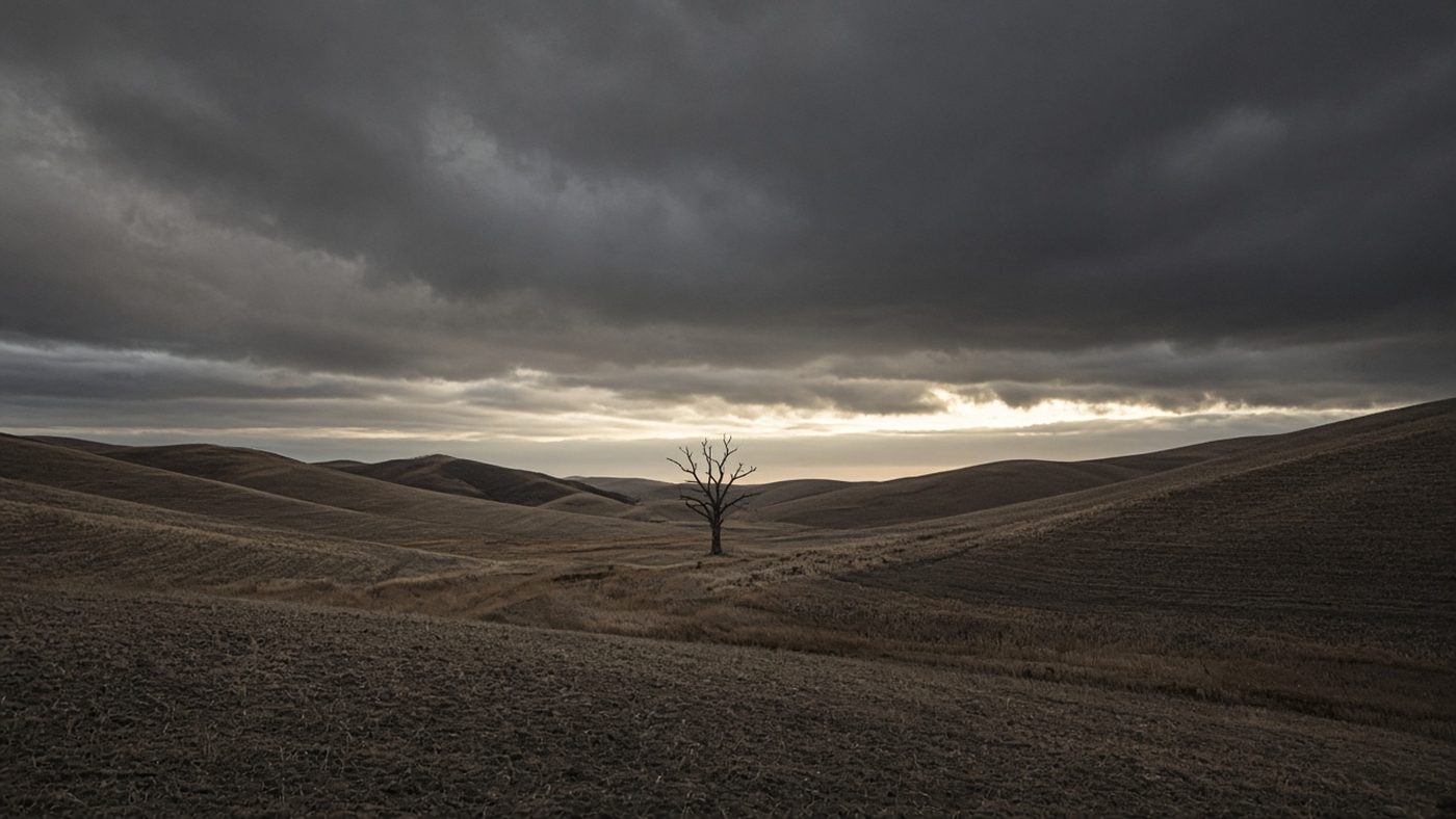 Empty harvested hills under heavy storm clouds, with one bare tree and a thin line of light.