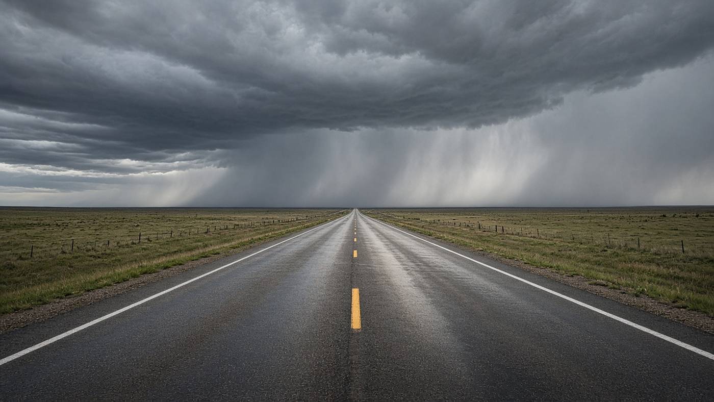 An empty Texas highway running into a rainstorm.