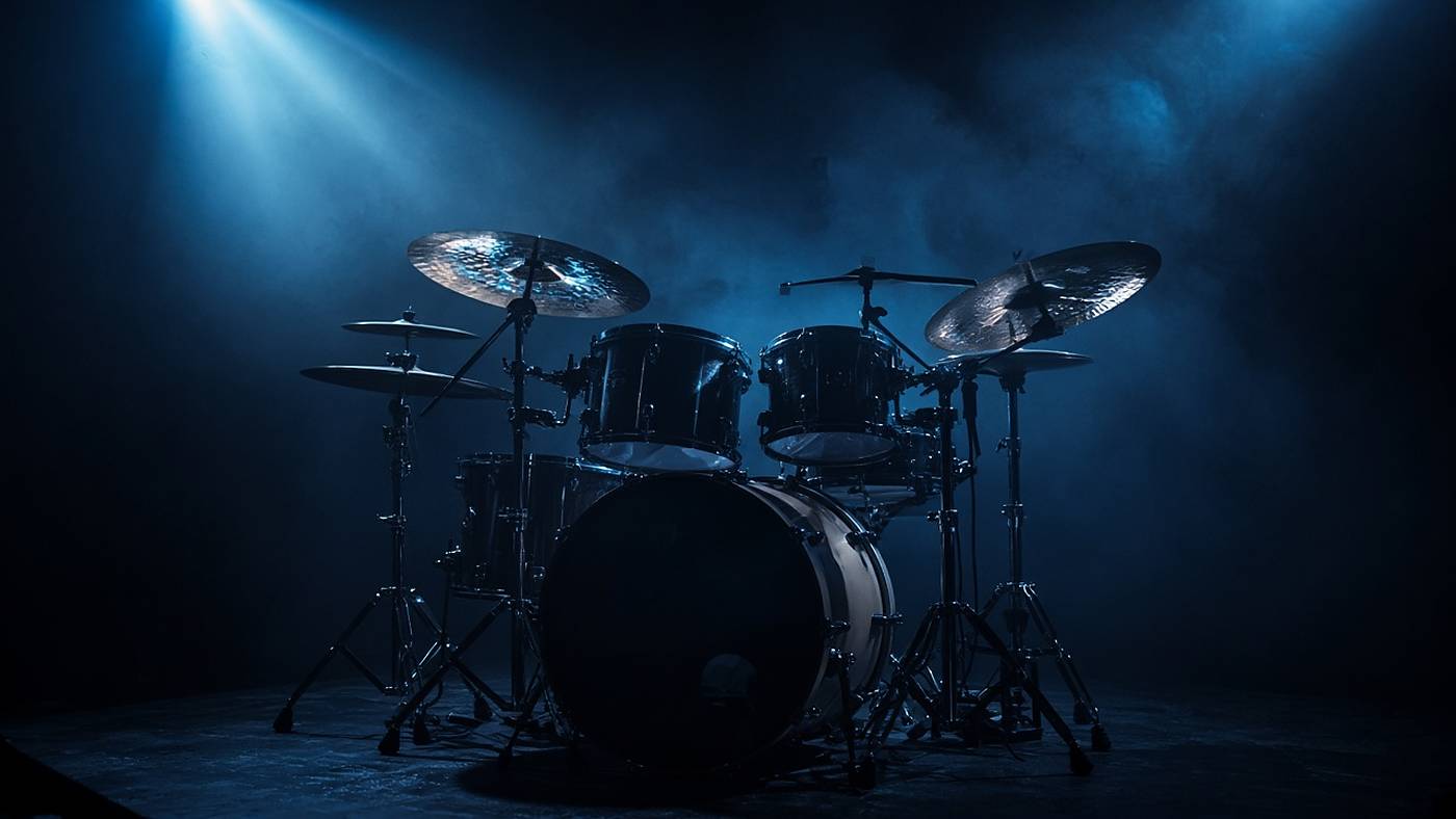 A drum kit in cold blue stage light and haze.