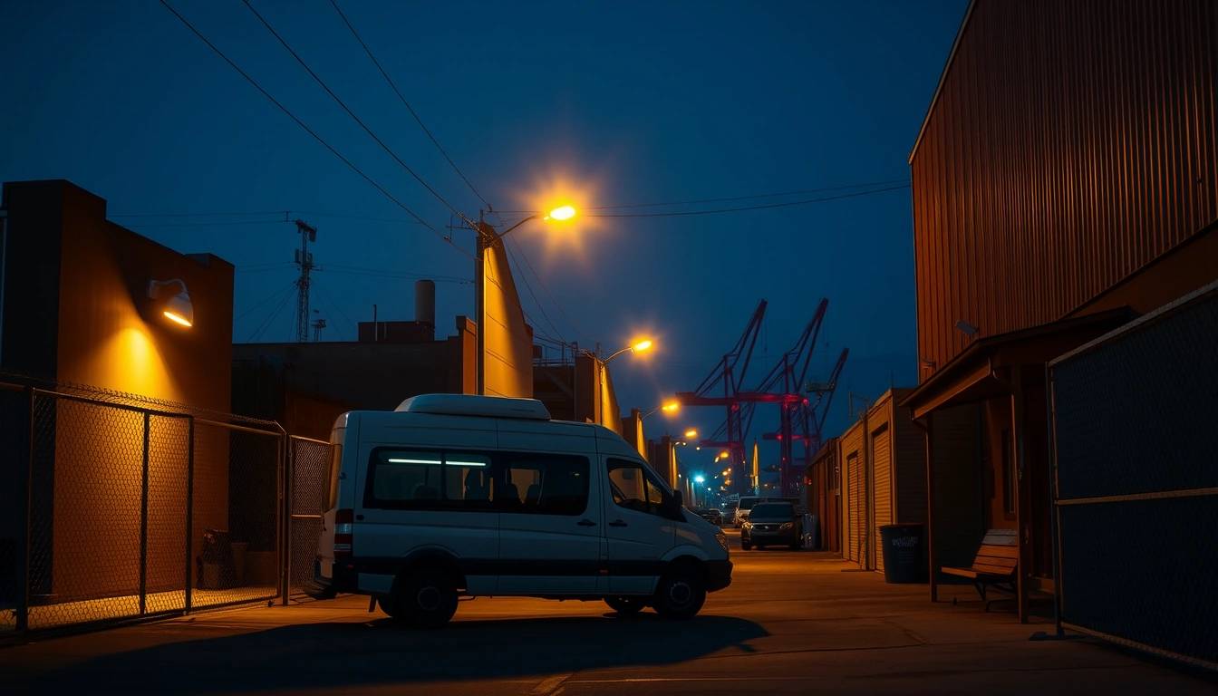 San Diego warehouse dusk tour-van scene still