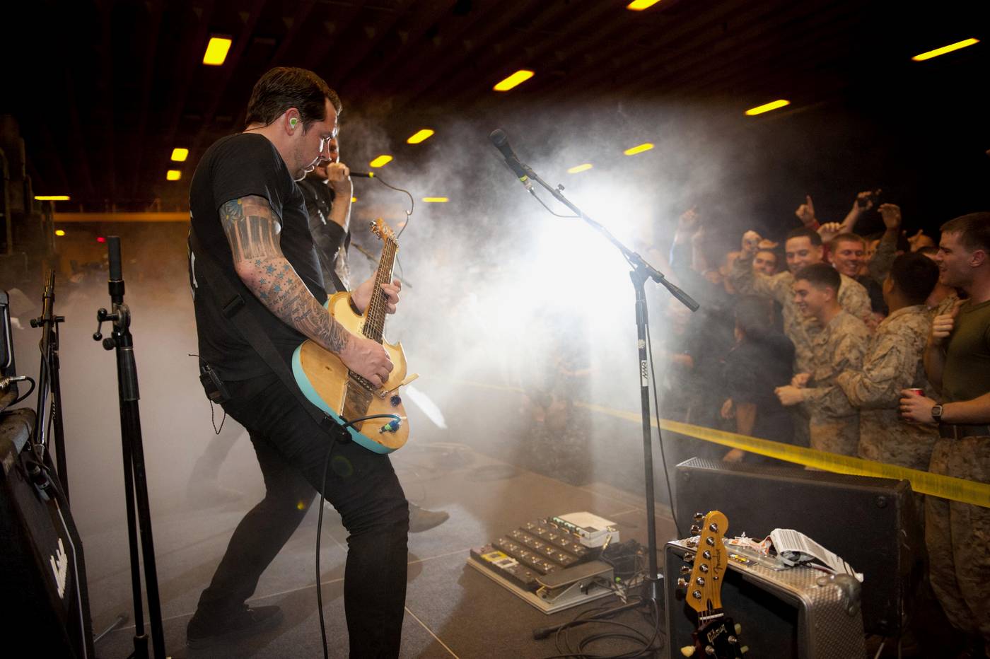 Anberlin guitarist Joey Milligan performs for sailors and Marines aboard USS Peleliu on 21 January 2013.
