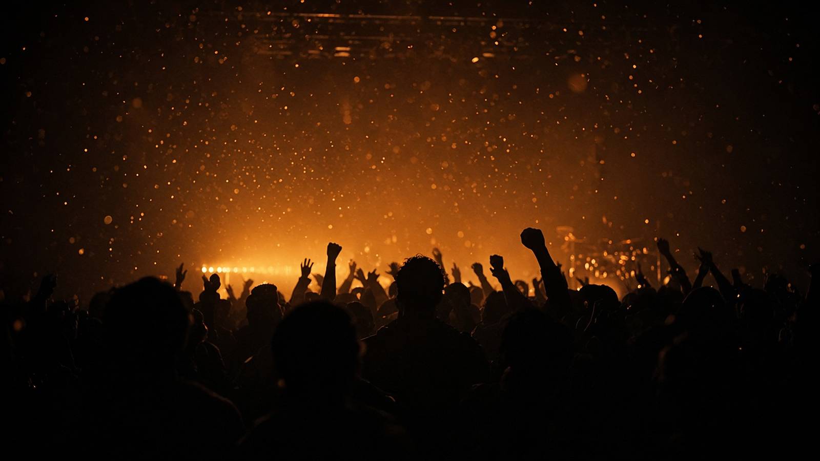 A packed club crowd in silhouette, hands raised toward an amber-lit stage.