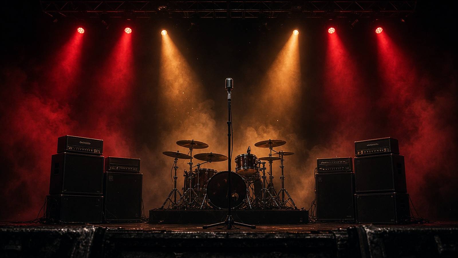 An empty stage waits in red and amber haze, with mic, drums and amp stacks set for the show.