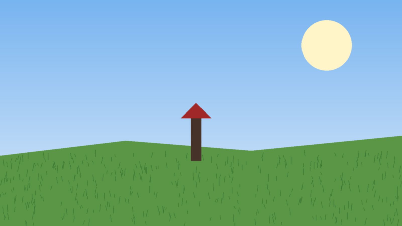A green summer field under a bright sun and pale blue sky, with a small red-roofed wooden post in the grass.
