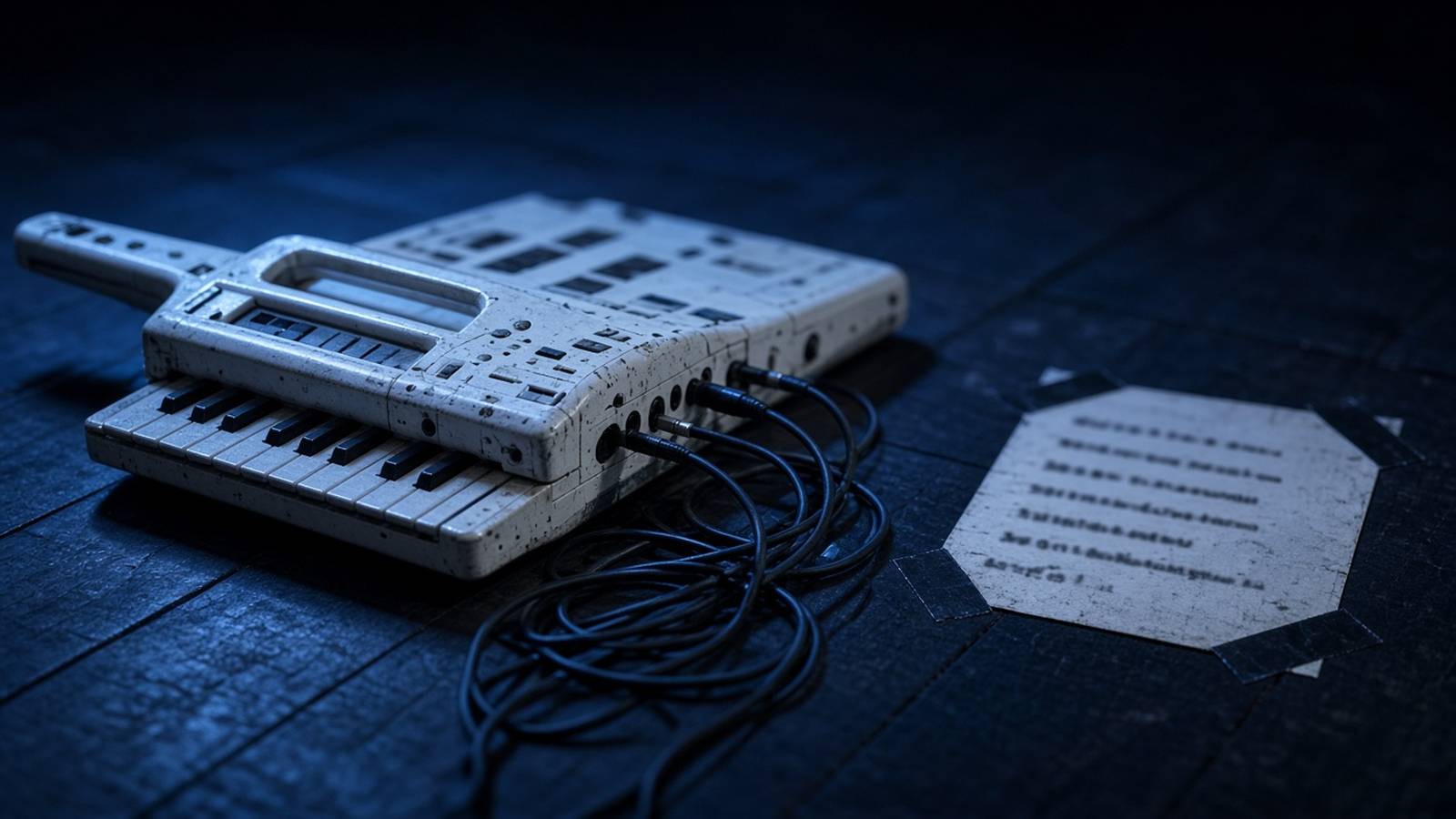 A battered white keytar on a dark stage floor beside a tangle of cables and a taped-down set list, under cold blue light.