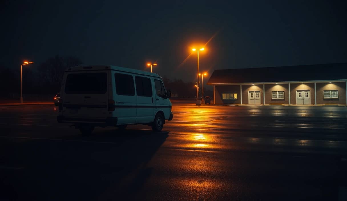 Mid-2000s tour-van / youth-group night lot scene still