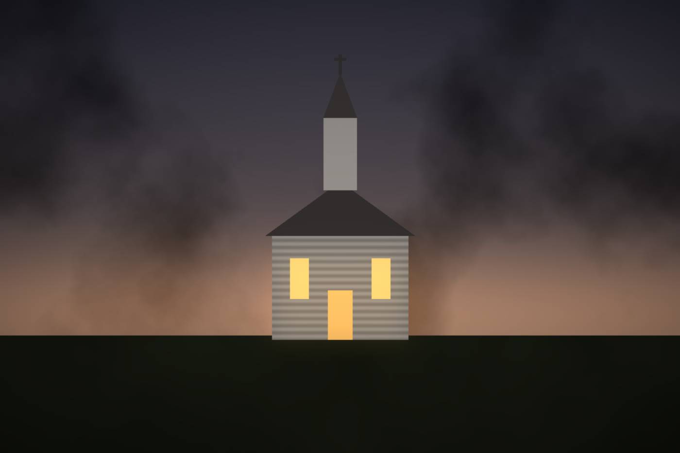 A small white wooden country church at dusk, its windows and door lit gold under heavy clouds.
