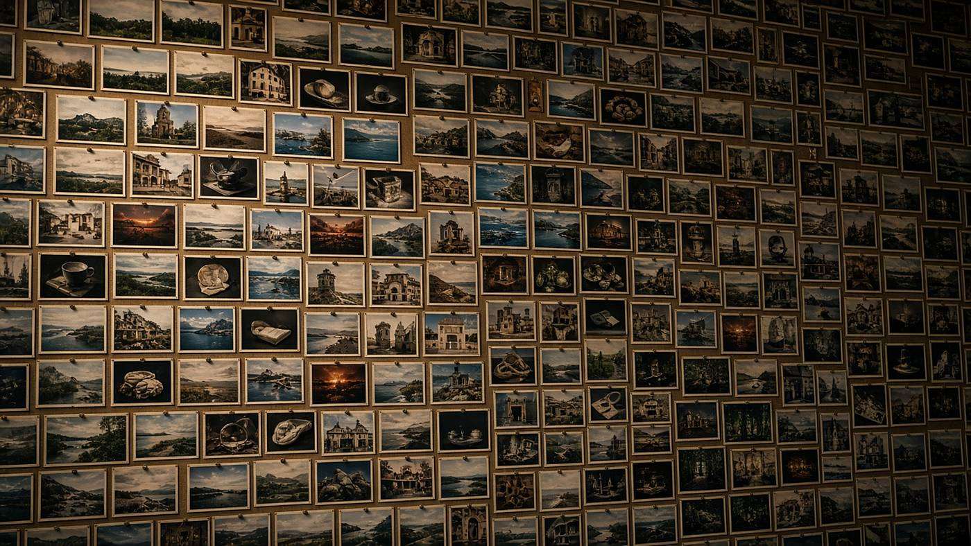 A wall pinned edge to edge with hundreds of small photographs.