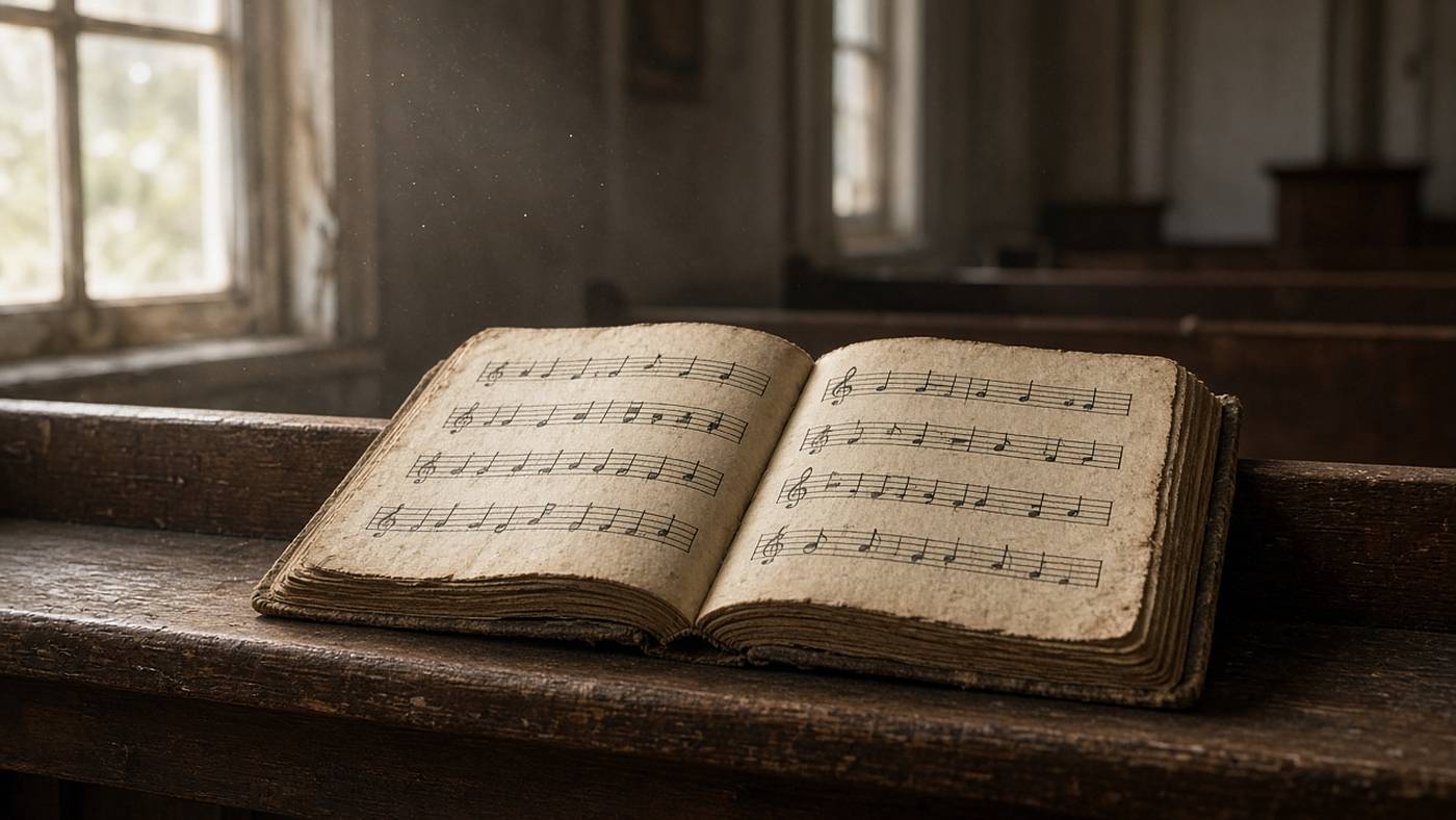 An old hymnal open on a wooden pew in a country church.