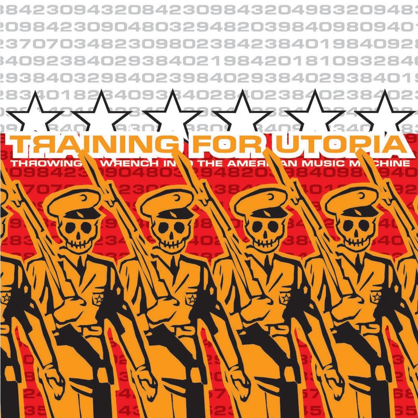 Throwing a Wrench into the American Music Machine cover, orange skeleton soldiers with rifles under the band name