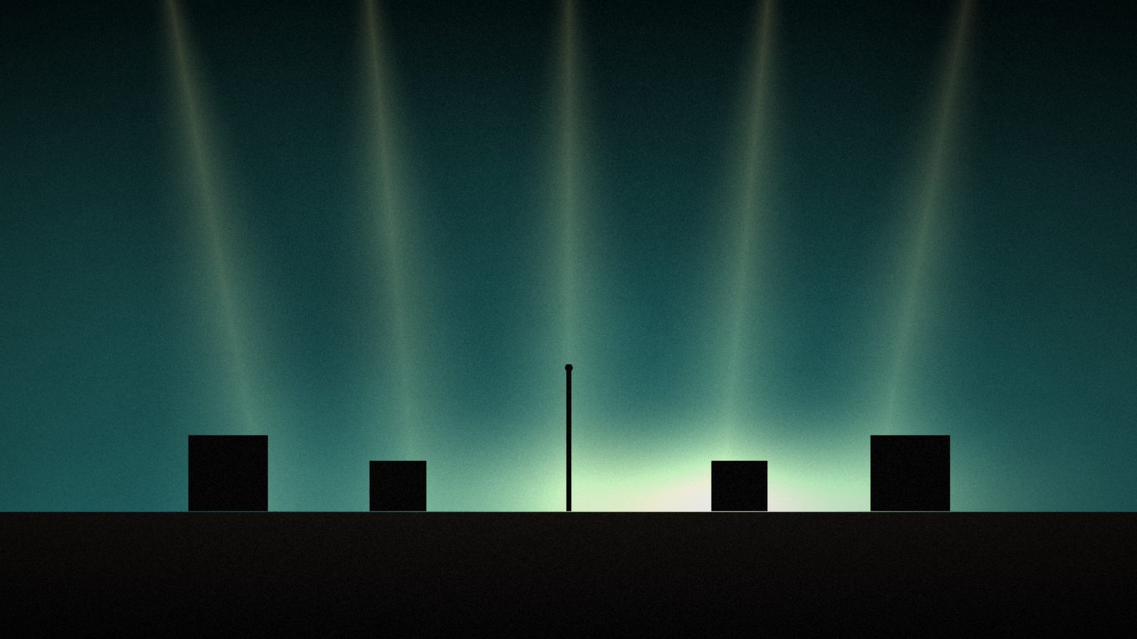 Stage beams fall through haze onto a dark stage with a single microphone stand between amps.