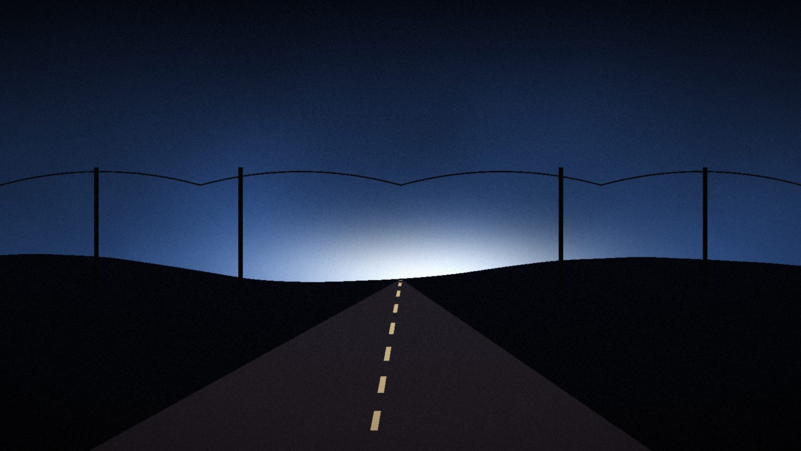 An empty two-lane road runs toward a glowing horizon under power lines at dusk.
