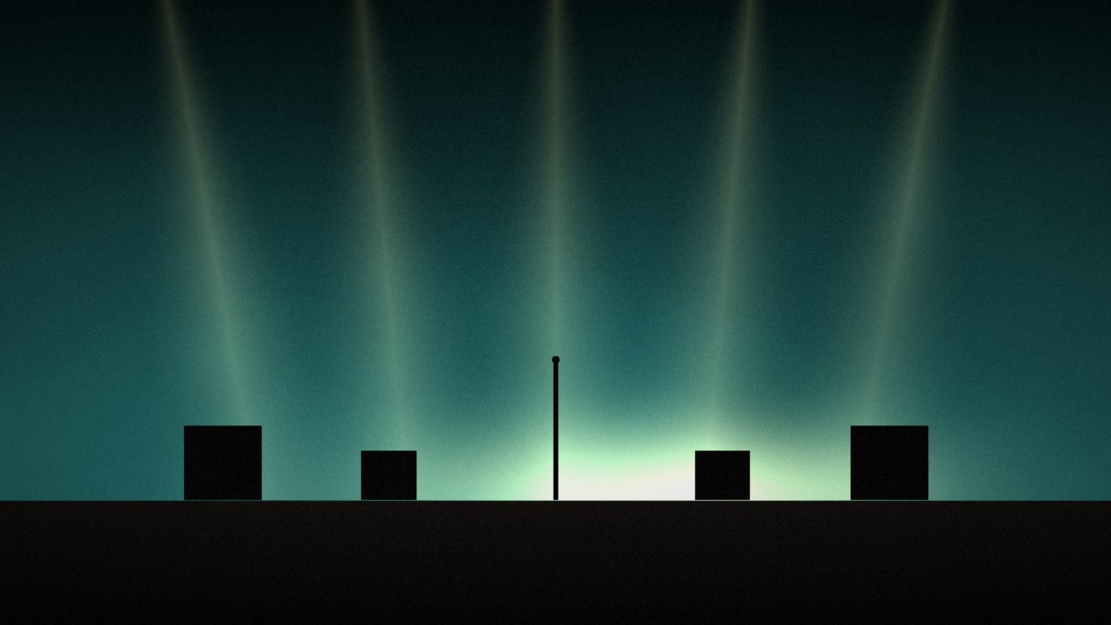 Stage lights reach through haze above a dark stage with a single microphone stand and amps.