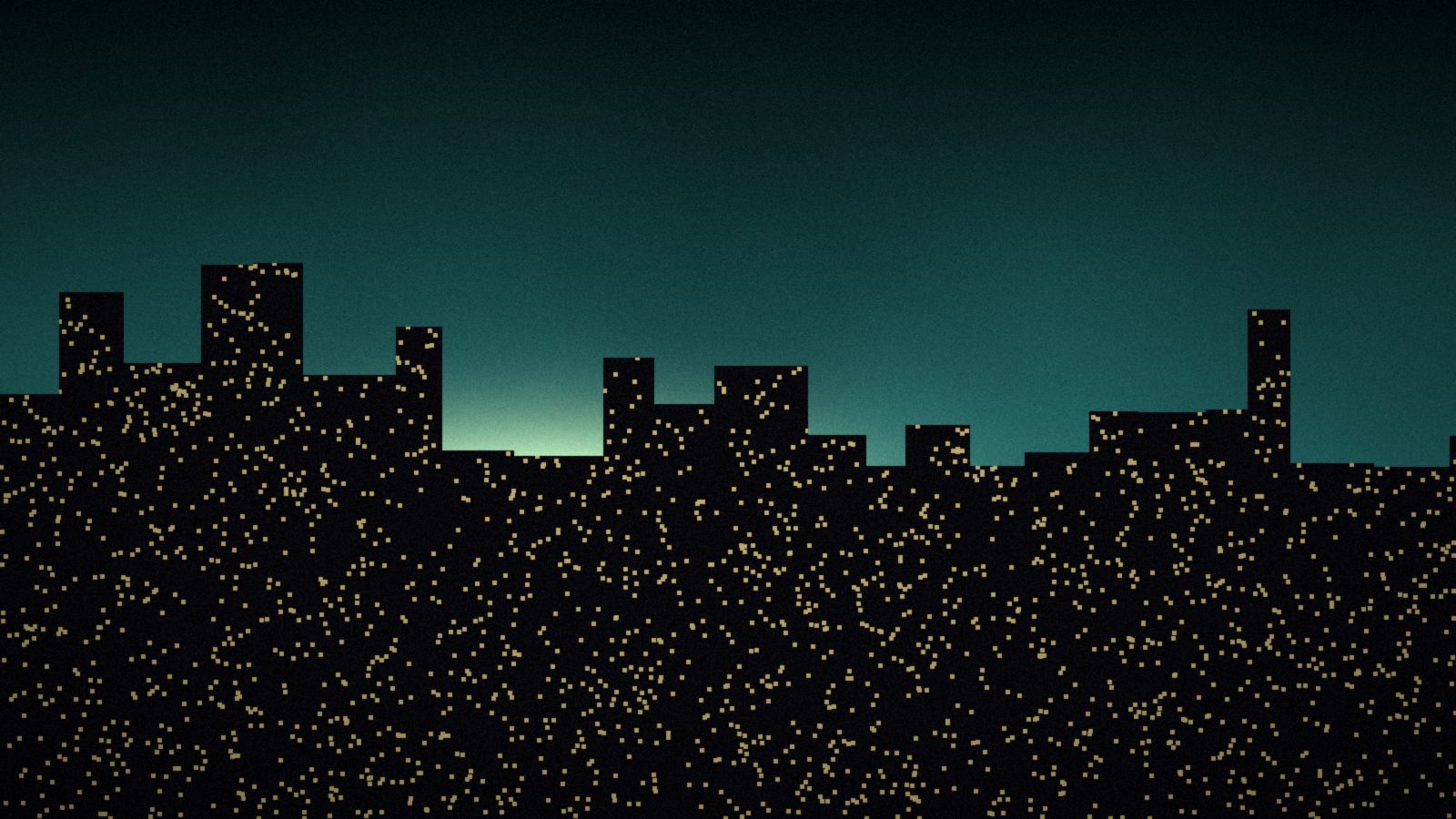 A city skyline at dusk, its windows lit against a coloured sky.