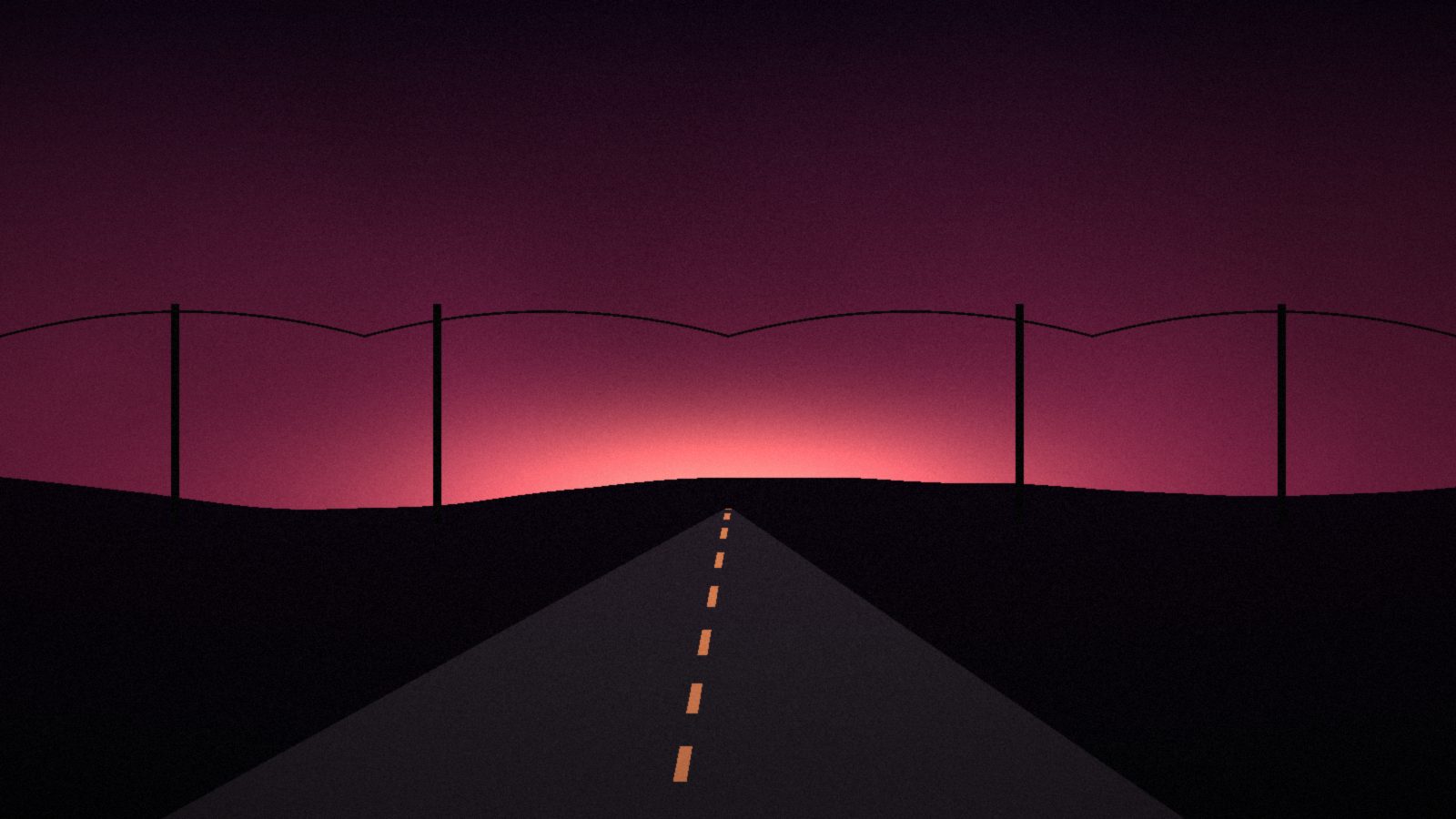 An empty two-lane road runs toward a glowing horizon under power lines at dusk.